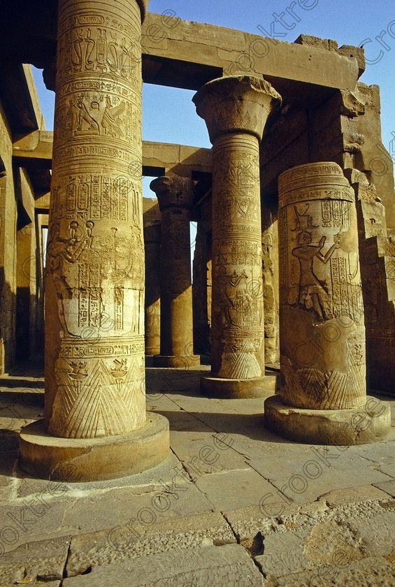 Kom Ombo EG204317jhp 
 Kom Ombo interior Temple Nile Egypt columned hypostyle hall ceiling supports carvings of this beautiful ruined temple just north of Aswan and a regular visit on all Nile Cruises, was principally built by Ptolemy V of Silsilah sandstone. Dedicated to two Gods  Sobek, the crocodile and Horus, the falcon and although it has been damaged over the years, mainly through slipping into the River Nile and some structural damage owing to earthquakes, there are still some wonderful colourful reliefs of the most detailed and delicate style. This trip was special for me in that I got special permission to climb up the back of the temple on the hill behind and match a view I had on a Victorian albumen print; the local Police Chief had to be involved and thanks to a good Kuoni Guide he agreed for me to be accompanied by a policemen as security was still a big thing after the 1997 attacks at Luxor. Unfortunately in the excitement I had forgot to adjust my ASA rating for Velvia and took the photos based on 400ASA-the film maws later pushed to 200asa so there is some increase in grain structure, not a feature of Velvia generally. On this visit some cleaning and restoration was being done to the many painted bas reliefs on the columns-hence the scaffolding and the sun umbrella but the bonus was the reliefs looked particularly vibrant. The time of day also meant some of the museum blocks with deep cut carvings were ideal to photograph as the shadows gave greater emphasis to the excellent cut marks of some iconic hieroglyphic symbols. 
 Keywords: Egypt, East Bank, River Nile, Kom Ombo, Temple, summer, morning, hypostyle hall, pylon, columns, bas, reliefs, restoration, cleaning, conservation, coloured, colored, colours, colors, Silsilah, sandstone, landscape, upright, history, archaeology, ancient, Egyptian, Egyptology, crocodiles, Ptolemaic, Ptolemy, Horus, Haroeris, Harwer, Sobek, Hathor, carvings, detailed, delicate, beautiful, fine, Velvia, slide, film, scans, scan, scanned, 35mm, Nikon, FM, manual, July, 2000